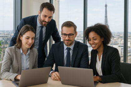 Groupe de professionnels travaillant ensemble dans un bureau lumineux à Paris