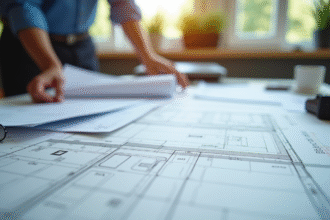 Espace d'architecte avec plans et dessins techniques