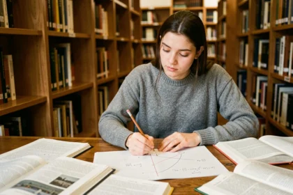 Étudiante universitaire résolvant des exercices sur l'équation réduite de la tangente avec des courbes tracées sur papier millimétré dans une bibliothèque