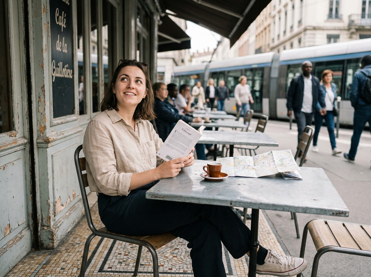 Jeune expatriée lisant en terrasse de café dans le quartier de la Guillotière à Lyon, ambiance cosmopolite et détendue