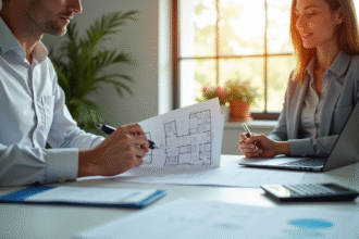 Expert immobilier et client examinant des documents dans un bureau lumineux