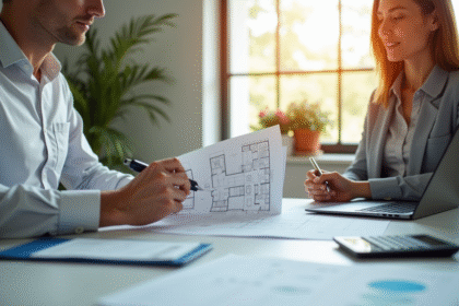 Expert immobilier et client examinant des documents dans un bureau lumineux