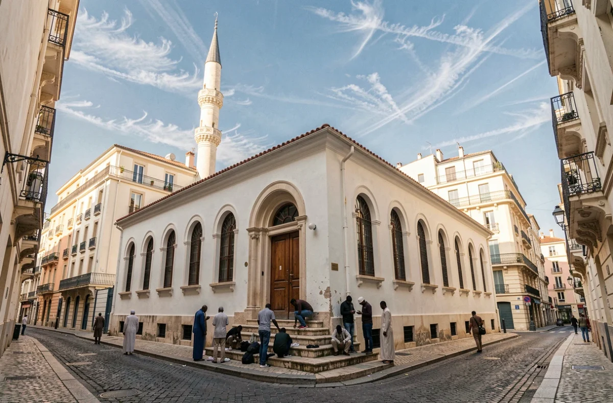 Vue extérieure d'une mosquée de Marseille avec des fidèles se rassemblant à l'entrée pour la prière