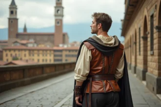 Homme en costume Renaissance florentine devant le Palazzo Vecchio à Florence, évoquant le personnage historique d'Ezio Auditore