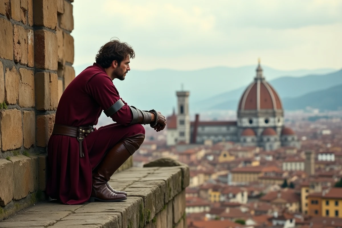 Homme en tenue Renaissance accroupi sur un parapet de tour médiévale surplombant le panorama de Florence avec le Dôme et l'Arno, dans le style d'Ezio Auditore