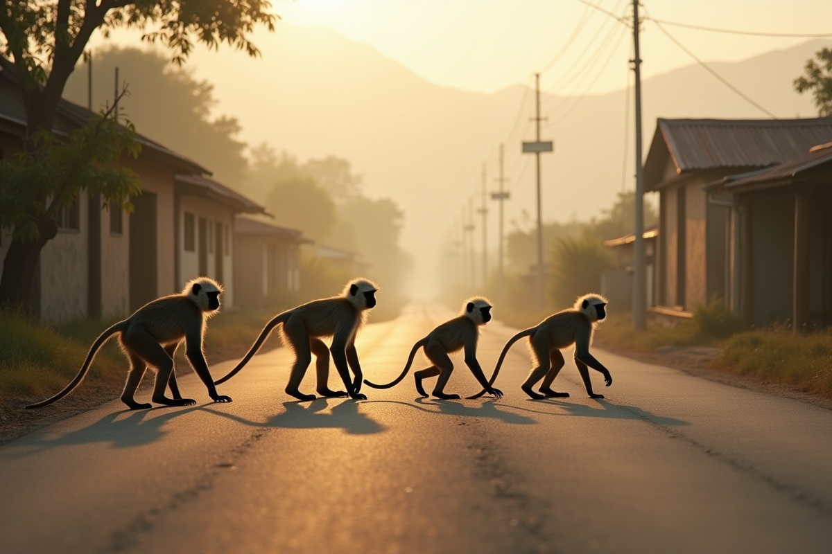 Famille de langurs traversant une route rurale au matin