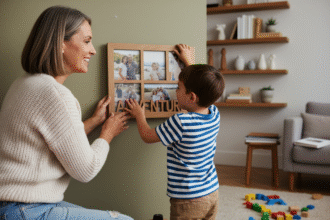 Mère et fils accrochant un cadre photo familial dans le salon