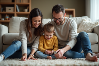 Famille jouant ensemble dans le salon chaleureux