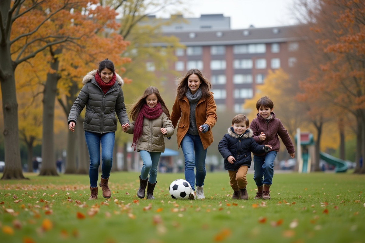 Famille jouant au soccer dans un parc en automne