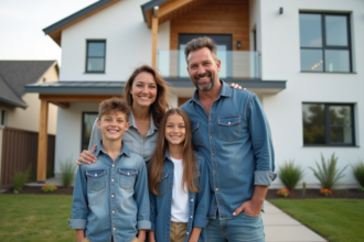 Famille devant leur maison moderne neuve en banlieue