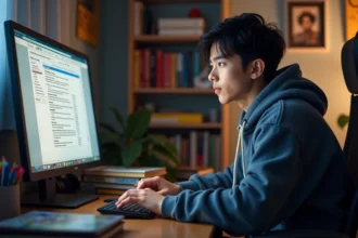 Jeune homme fan de manga devant son ordinateur dans sa chambre