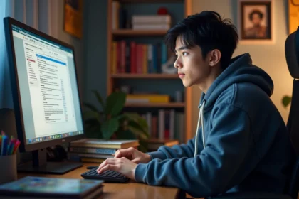 Jeune homme fan de manga devant son ordinateur dans sa chambre