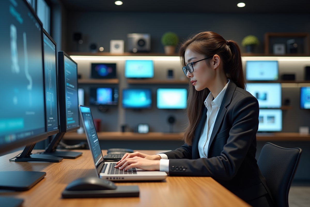 Jeune femme achetant un ordinateur quantique dans un magasin high-tech