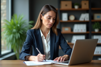 Femme d'affaires française analysant des graphiques financiers