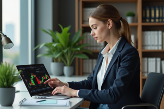 Jeune femme professionnelle analysant graphiques crypto