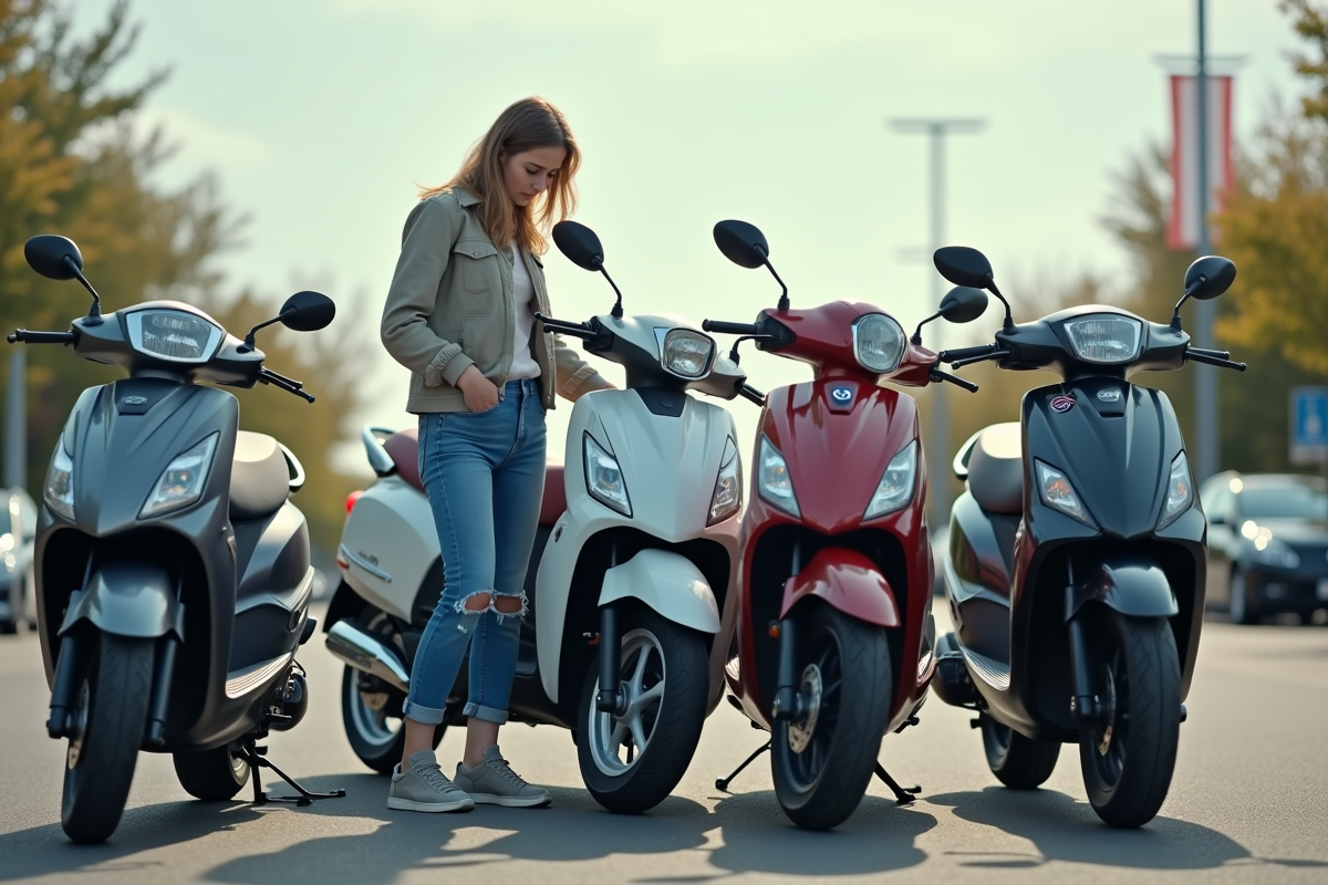 Femme examinant motos 125cc en concession