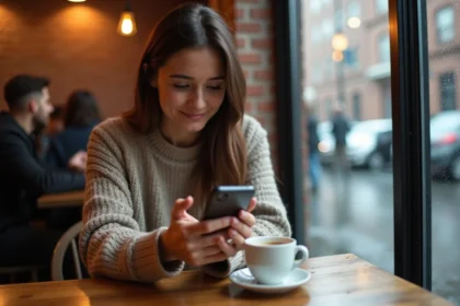 Femme utilisant une application de rencontres sérieuses sur son smartphone dans un café urbain