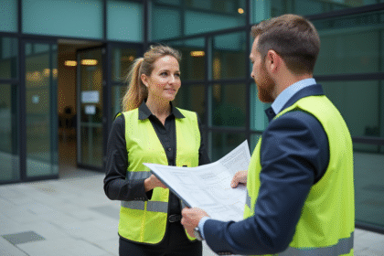 Femme professionnelle avec tablette devant bâtiment moderne
