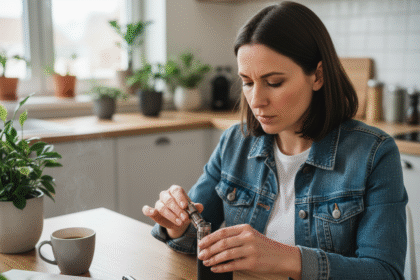 Femme en denim assemble un puff rechargeable dans une cuisine moderne