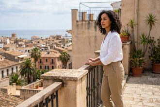 Jeune femme méditerranéenne sur un balcon regardant la ville
