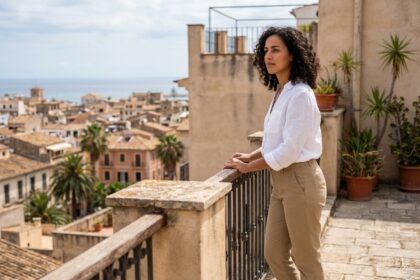 Jeune femme méditerranéenne sur un balcon regardant la ville