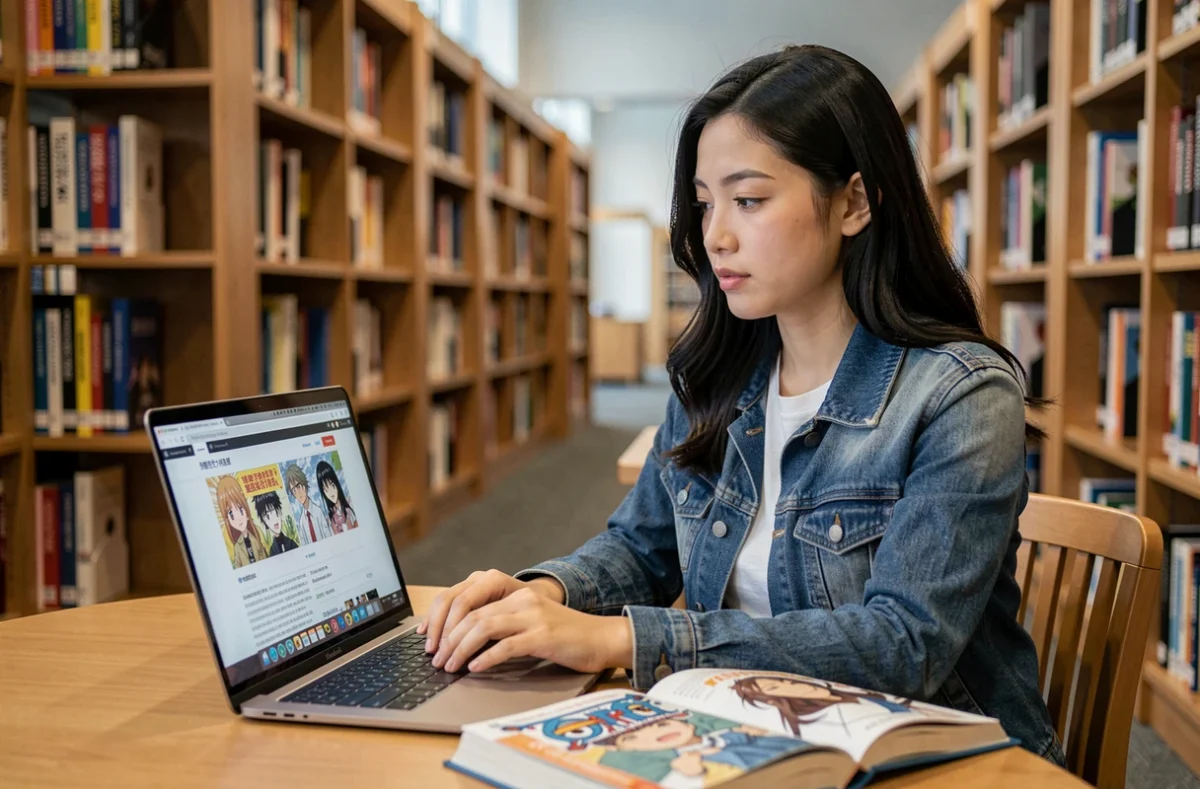 Jeune femme en bibliothèque consultant une plateforme légale de lecture de manga sur son ordinateur portable