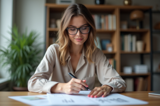 Femme concentrée examinant un document au bureau