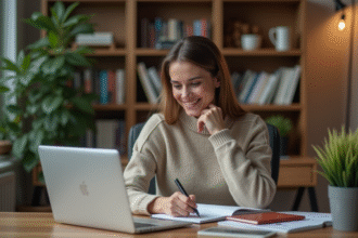 Femme au bureau à domicile en tenue professionnelle