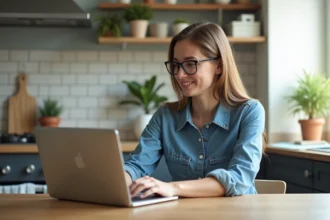 Jeune femme au bureau à domicile utilisant un ordinateur portable
