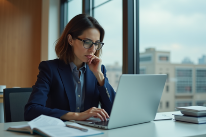 Femme d'affaires en costume bleu dans un bureau moderne