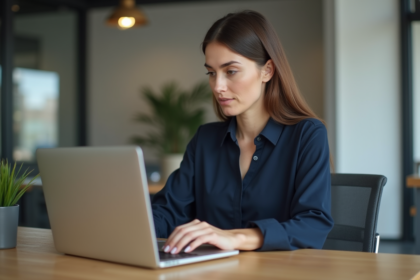 Femme au bureau naviguant sur un site web sur son ordinateur
