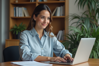 Femme en bureau organisant un événement avec un ordinateur