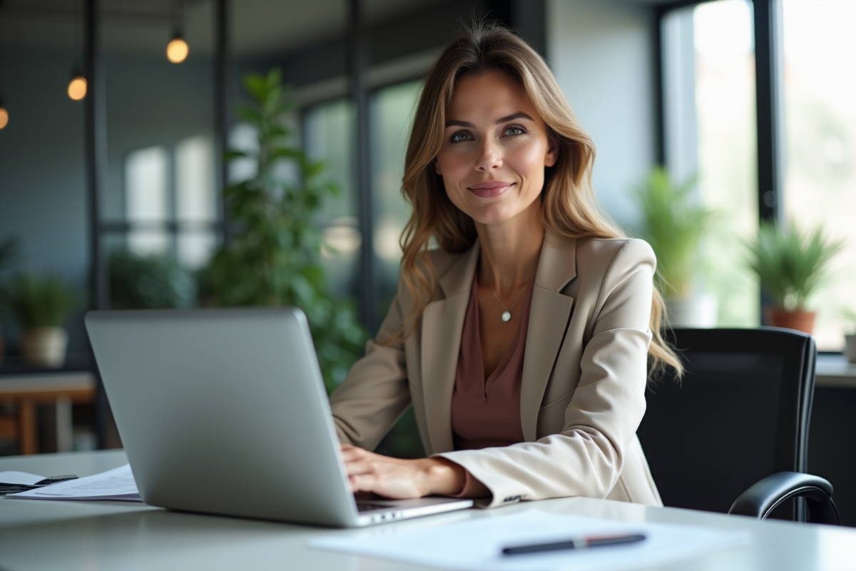 Femme accomplie au bureau avec papiers et ordinateur