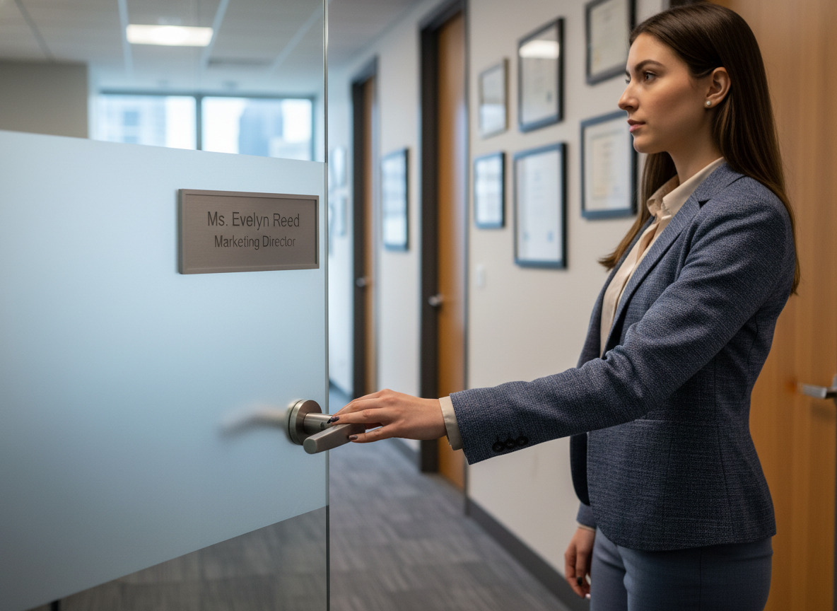 Jeune femme regardant une plaque de nom dans un bureau