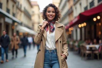 Femme élégante en trench beige et foulard dans la ville
