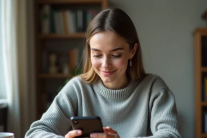 Jeune femme consultant anonymement des stories Snapchat publiques sur son smartphone dans un bureau à domicile