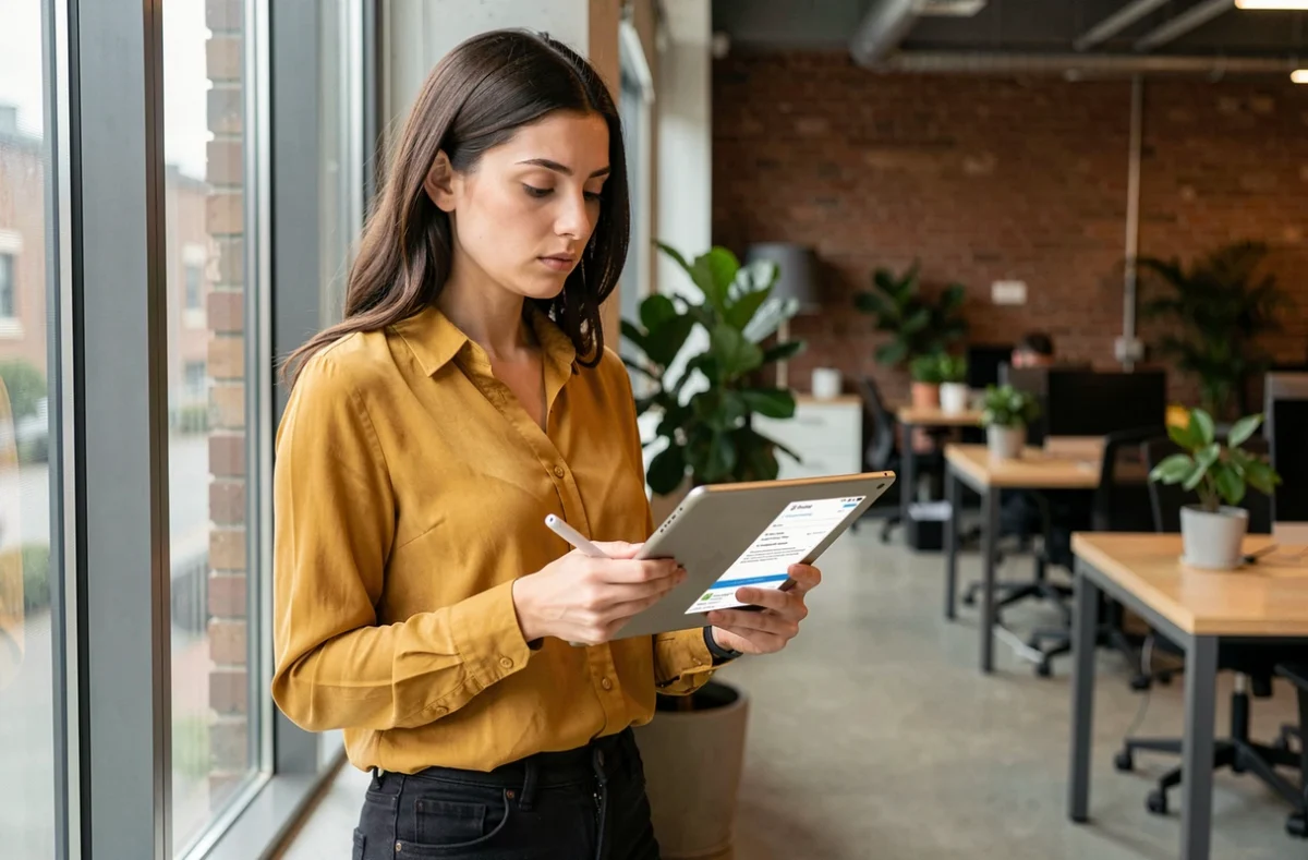 Jeune femme en espace de coworking consultant un ticket de support sans réponse sur une tablette