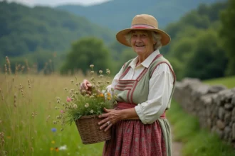 Femme creusoise arrangeant des fleurs sauvages dans un panier