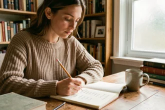 Jeune femme déchiffrant des indices de mots sur un carnet en bois dans un bureau cosy, illustrant la résolution d'un Pédantix