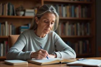 Femme consultant un dictionnaire français ouvert pour vérifier l'orthographe d'un mot, assise à un bureau en bois dans un bureau à domicile