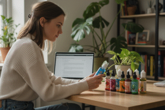 Jeune femme examine des bouteilles d'e-liquide colorées sur un bureau