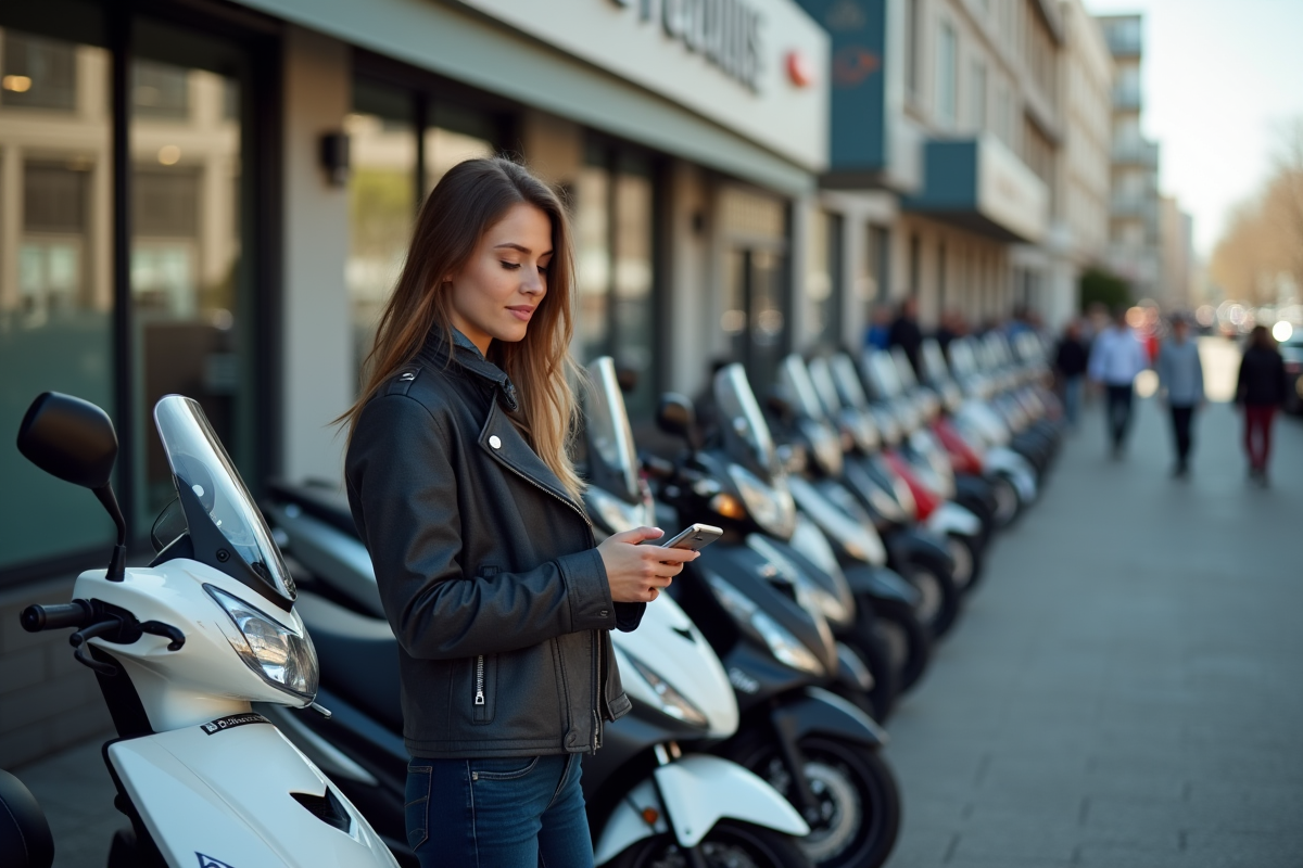 Femme vérifiant son téléphone devant des motos 125cc en concession