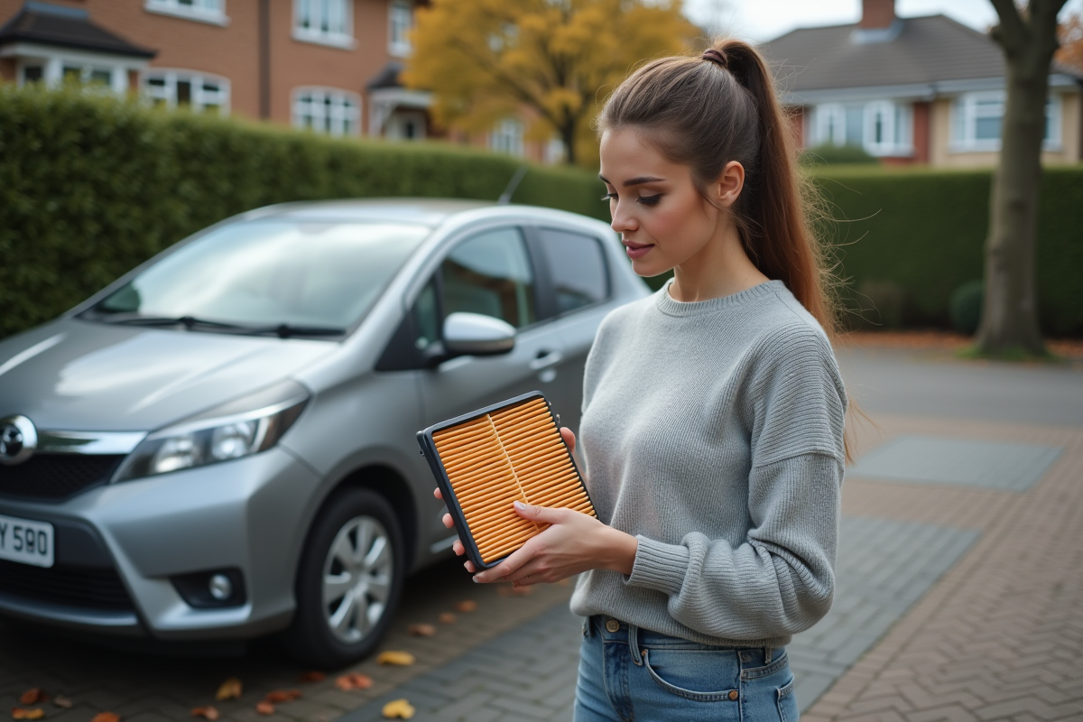 Jeune femme compare un filtre à air de voiture dehors