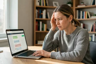 Femme frustrée devant son ordinateur portable en attente d'une réponse du service client Le Bon Coin
