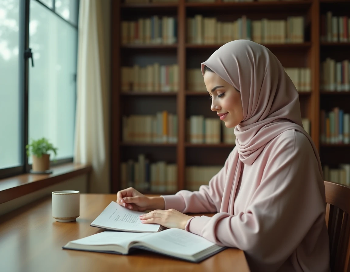 Jeune femme voilée lisant des invocations Allahouma barik dans une bibliothèque calme avec un carnet ouvert