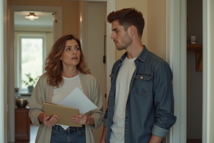 Femme et homme dans un couloir d'appartement modeste