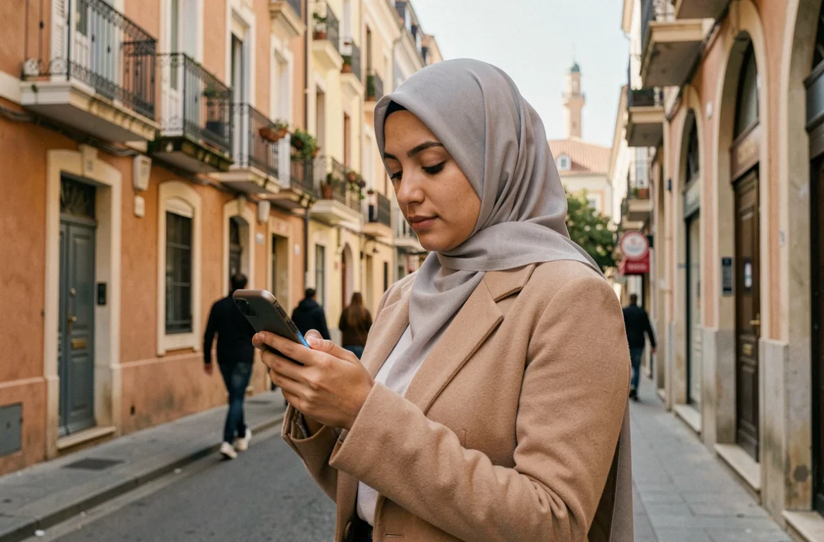 Femme consultant les horaires de prière sur son téléphone dans une rue de Marseille près d'une mosquée