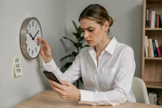 Femme consultant une horloge analogique avec des étiquettes AM et PM dans un bureau moderne