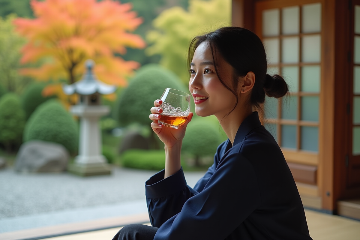 Jeune femme avec whisky dans un jardin japonais serein