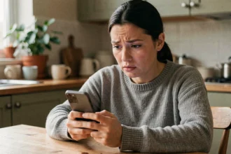 Femme jouant à 4 Images 1 Mot sur smartphone, cherchant un mot de 5 lettres